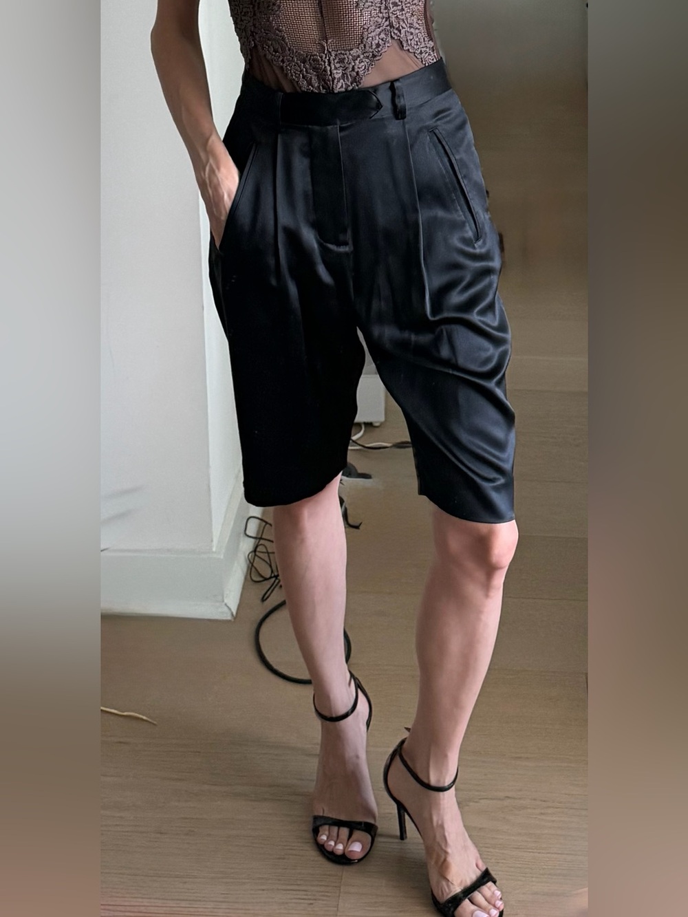 Fleur du Mal Black Satin Bermuda Shorts Sulk 100%